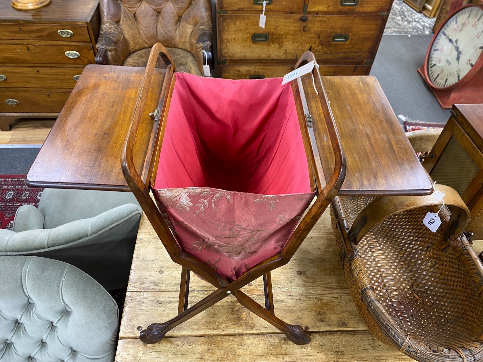 An early 20th century mahogany sewing basket, width 62cm, depth 35cm, height 61cm